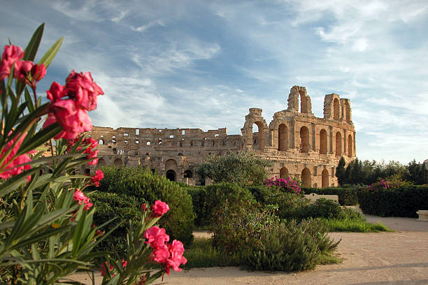 Photo of the El Djem Coliseum in Tunisia. The picture was taken during a cloudy but sunny day. The Coliseum is in the background of the image. Some flowers and bushes are found through the sand around the Coliseum. Some pink flours are in the foreground of the image.